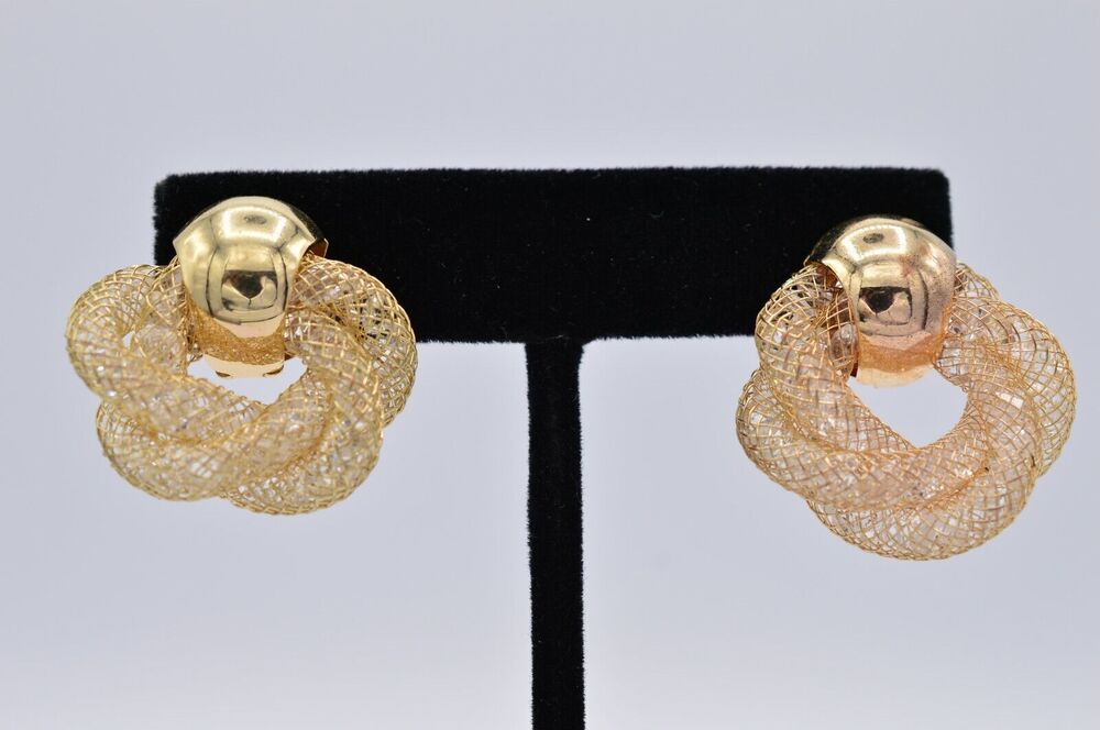 Vintage Post Stud Crystal Mesh Earrings Clear Gold Tone Twisted Knot Y2K BinAF